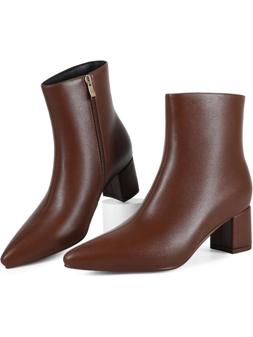 Women's Light Brown Ankle Boots Pointed Toe Chunky Block Low Heeled Short Boots